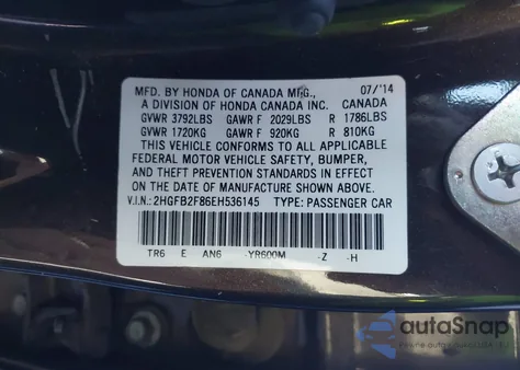 2014 Honda Civic Ex z USA, uszkodzony, nr VIN 2HGFB2F86EH536145